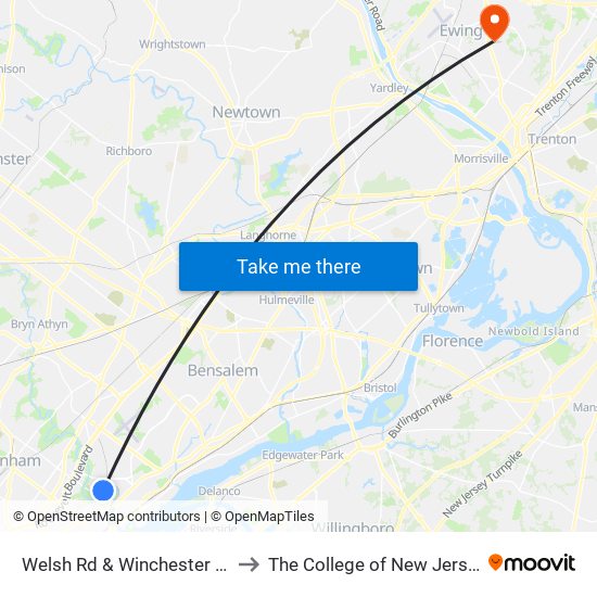 Welsh Rd & Winchester Av to The College of New Jersey map