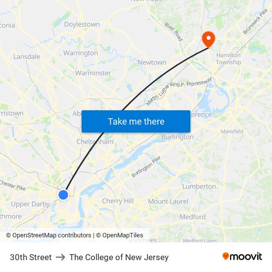 30th Street to The College of New Jersey map