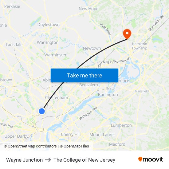 Wayne Junction to The College of New Jersey map