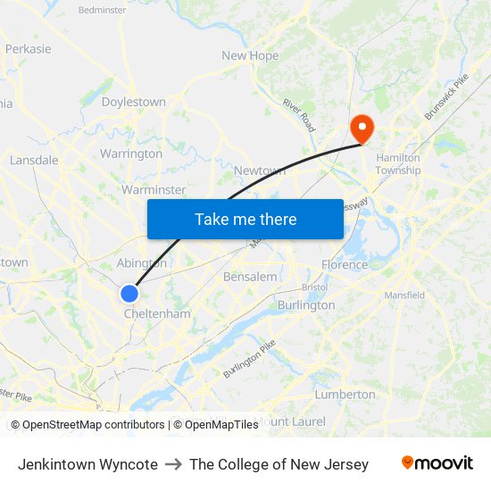 Jenkintown Wyncote to The College of New Jersey map