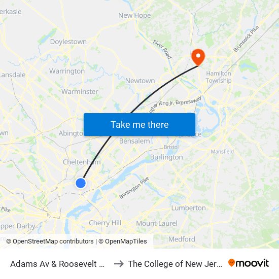 Adams Av & Roosevelt Blvd to The College of New Jersey map