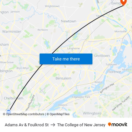 Adams Av & Foulkrod St to The College of New Jersey map