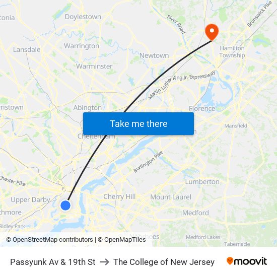 Passyunk Av & 19th St to The College of New Jersey map