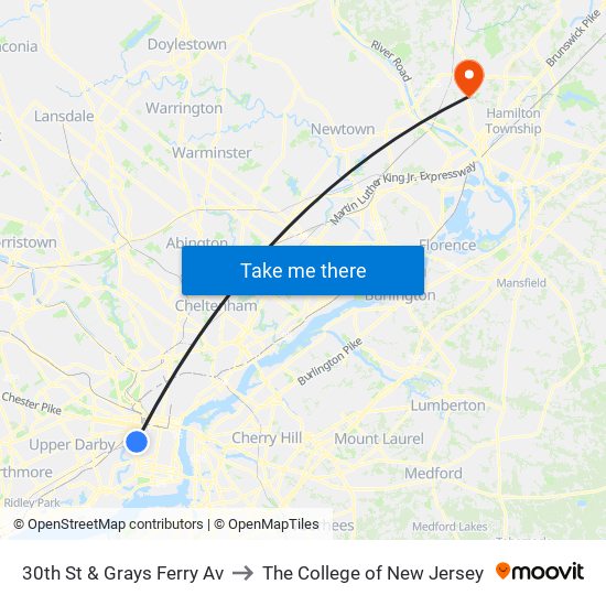 30th St & Grays Ferry Av to The College of New Jersey map