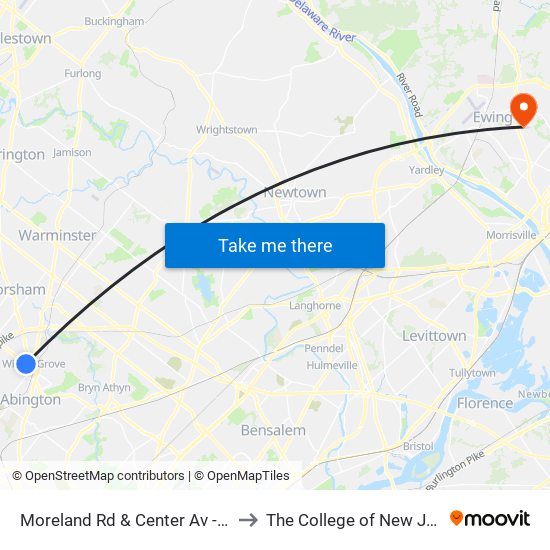 Moreland Rd & Center Av - Mbfs to The College of New Jersey map