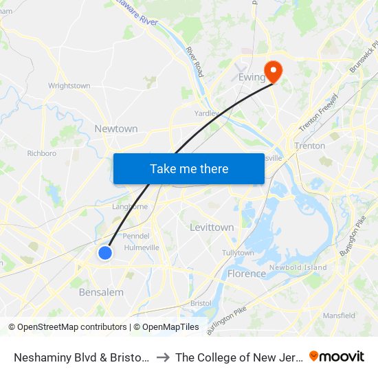 Neshaminy Blvd & Bristol Rd to The College of New Jersey map