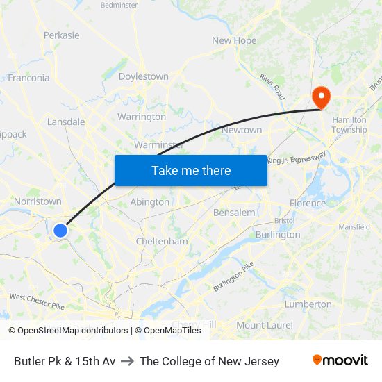 Butler Pk & 15th Av to The College of New Jersey map