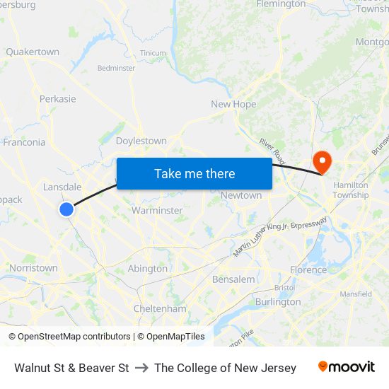 Walnut St & Beaver St to The College of New Jersey map