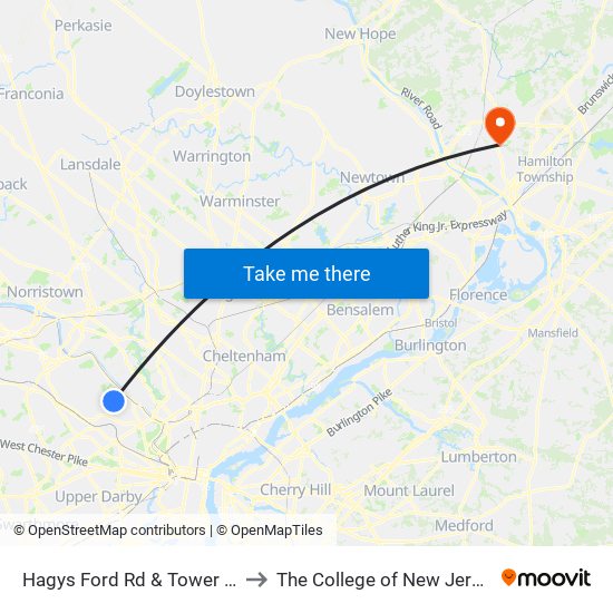 Hagys Ford Rd & Tower Ln to The College of New Jersey map