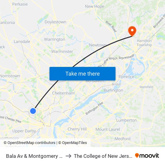 Bala Av & Montgomery Av to The College of New Jersey map