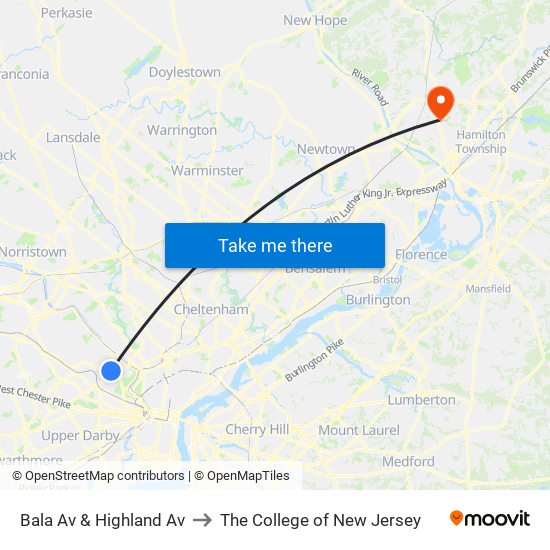 Bala Av & Highland Av to The College of New Jersey map