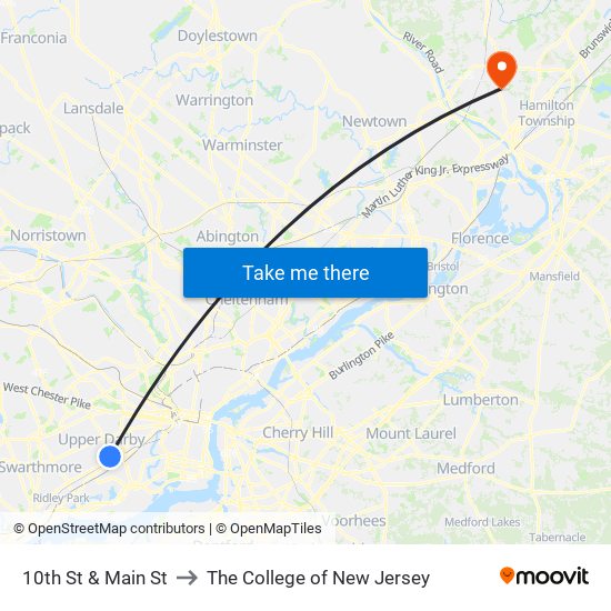 10th St & Main St to The College of New Jersey map