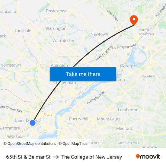 65th St & Belmar St to The College of New Jersey map