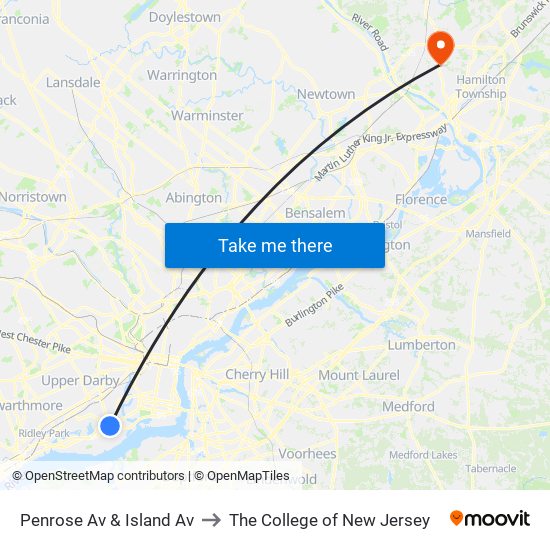 Penrose Av & Island Av to The College of New Jersey map