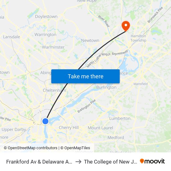 Frankford Av & Delaware Av Loop to The College of New Jersey map
