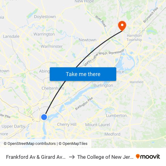 Frankford Av & Girard Av - Fs to The College of New Jersey map