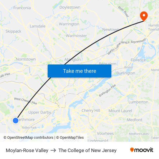 Moylan-Rose Valley to The College of New Jersey map