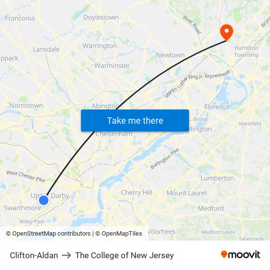 Clifton-Aldan to The College of New Jersey map