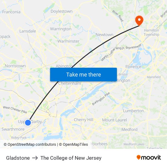 Gladstone to The College of New Jersey map