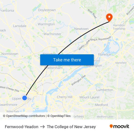 Fernwood-Yeadon to The College of New Jersey map