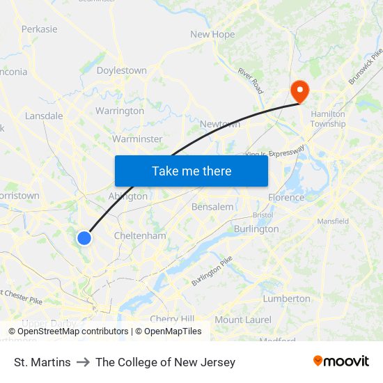 St. Martins to The College of New Jersey map