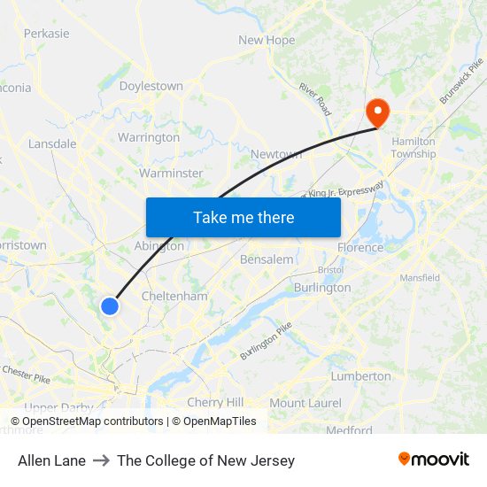 Allen Lane to The College of New Jersey map