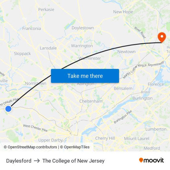 Daylesford to The College of New Jersey map