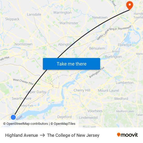 Highland Avenue to The College of New Jersey map