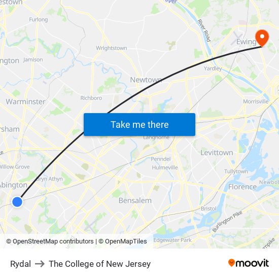 Rydal to The College of New Jersey map