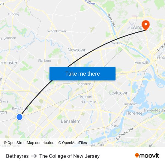 Bethayres to The College of New Jersey map