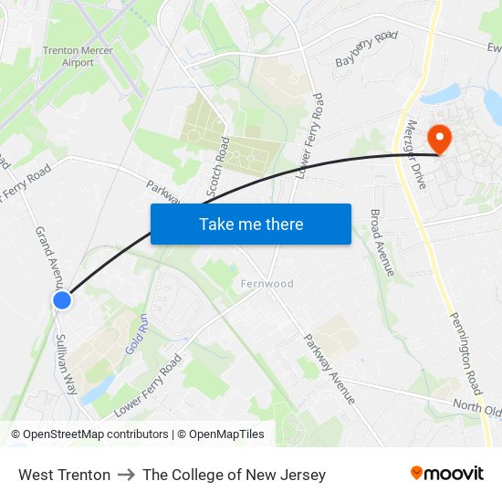 West Trenton to The College of New Jersey map