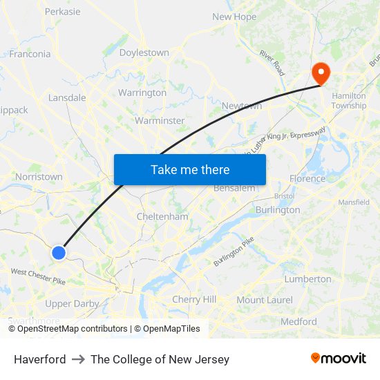 Haverford to The College of New Jersey map