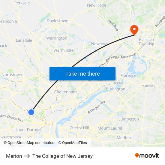 Merion to The College of New Jersey map