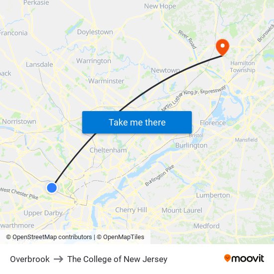 Overbrook to The College of New Jersey map