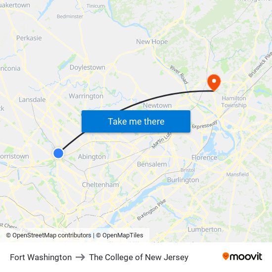 Fort Washington to The College of New Jersey map