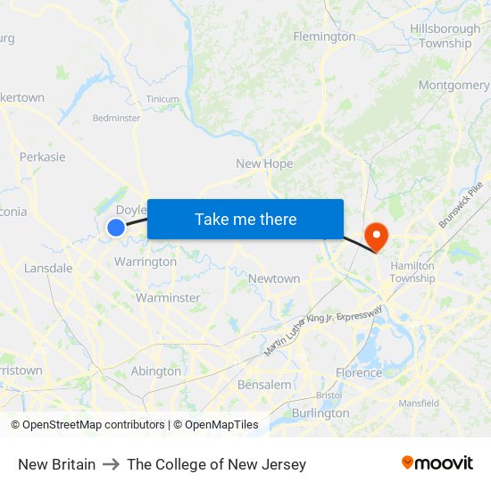 New Britain to The College of New Jersey map