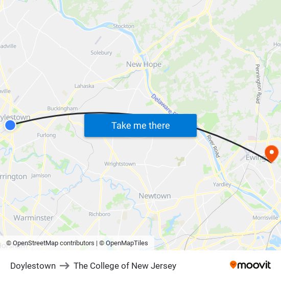 Doylestown to The College of New Jersey map