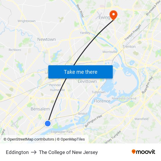 Eddington to The College of New Jersey map