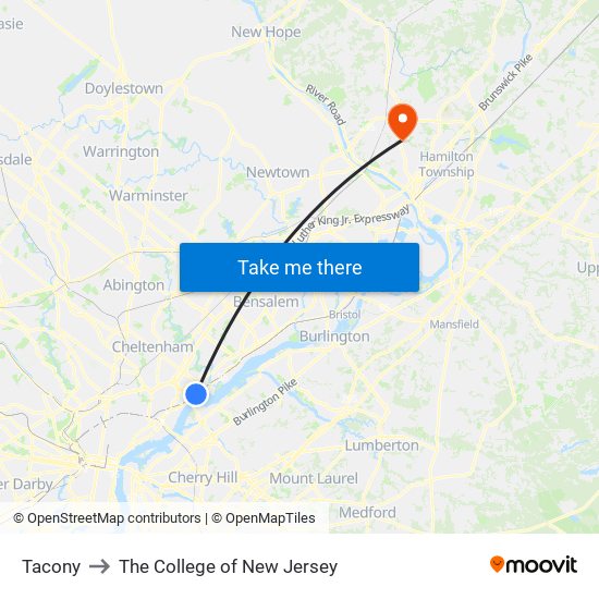 Tacony to The College of New Jersey map