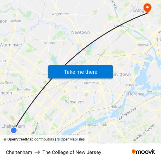 Cheltenham to The College of New Jersey map