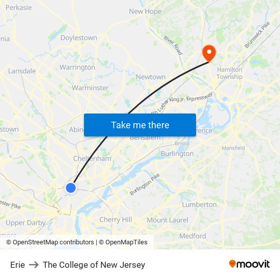 Erie to The College of New Jersey map