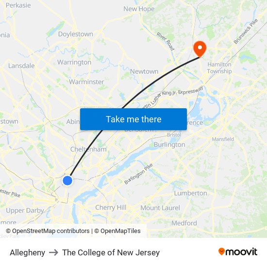 Allegheny to The College of New Jersey map