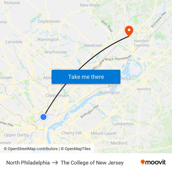 North Philadelphia to The College of New Jersey map