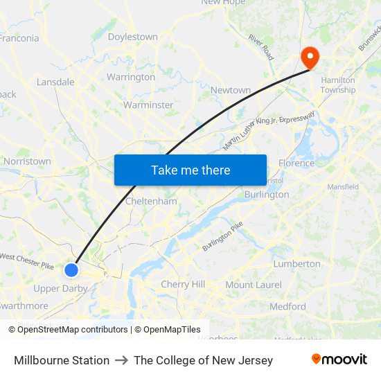 Millbourne Station to The College of New Jersey map