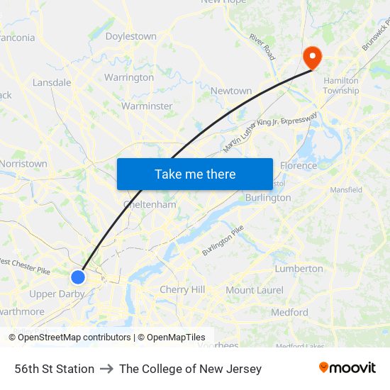 56th St Station to The College of New Jersey map