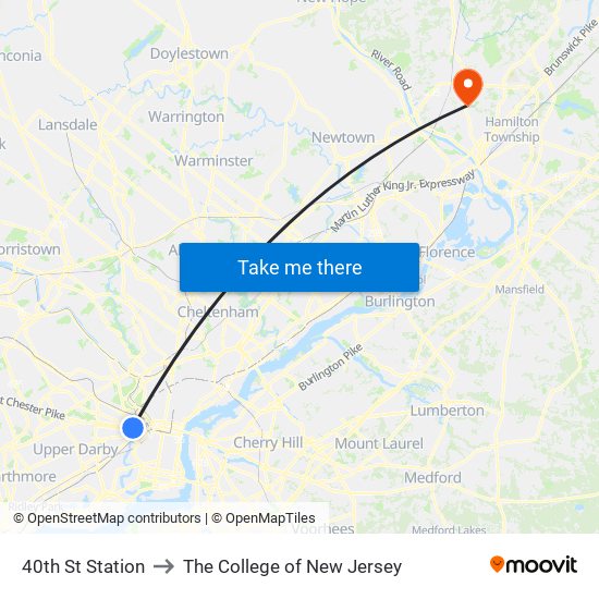 40th St Station to The College of New Jersey map