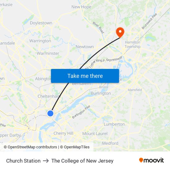 Church Station to The College of New Jersey map