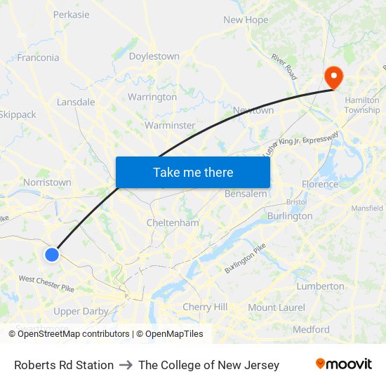 Roberts Rd Station to The College of New Jersey map
