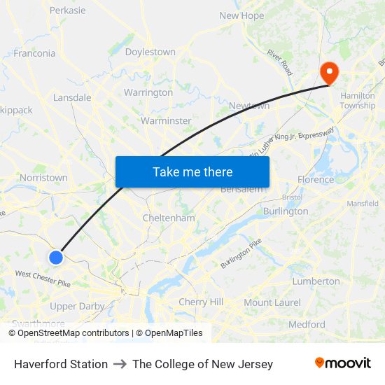 Haverford Station to The College of New Jersey map