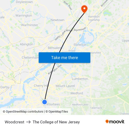 Woodcrest to The College of New Jersey map